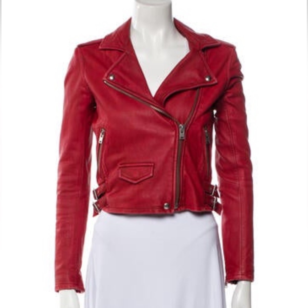 IRO Asheville Distressed Cropped Red Leather Jacket, 36
